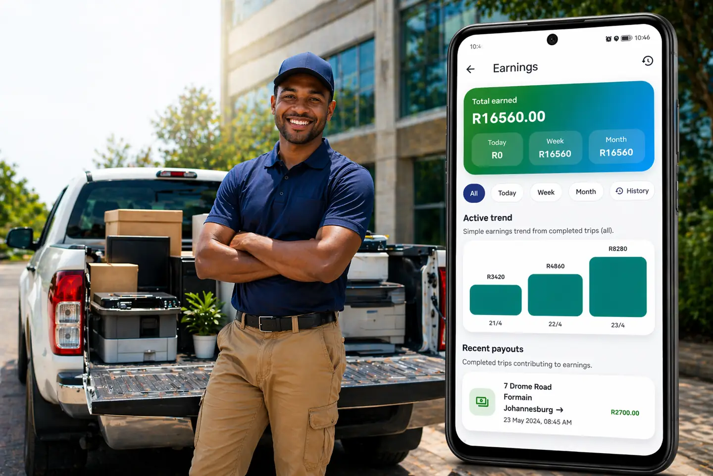 WilteX driver app showing trip offers, earnings tracking and proof of delivery workflow